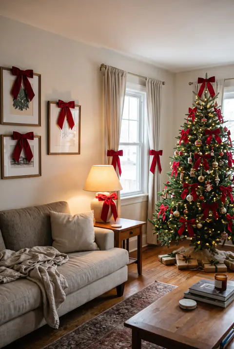 Living room with red velvet bows on the lamp bases, curtain tiebacks and picture frames, and a Christmas tree with matching bows