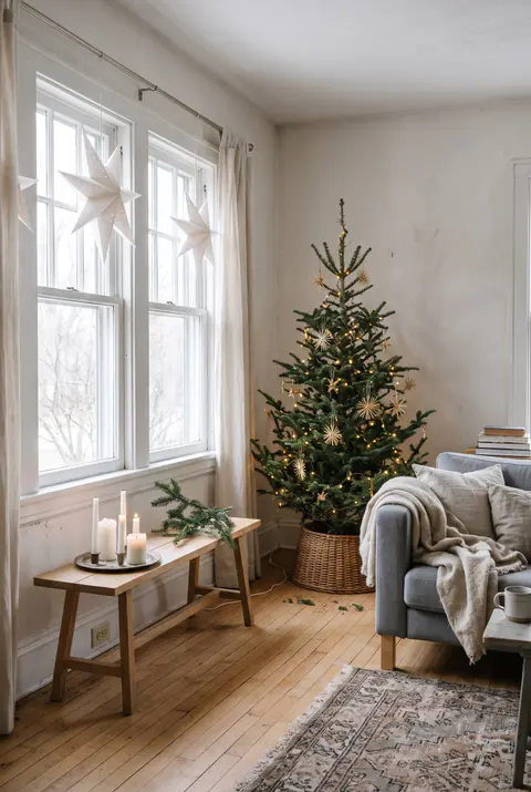 Minimal Scandinavian Christmas living room with a sparse tree with straw stars, white paper star lanterns in the window and candles