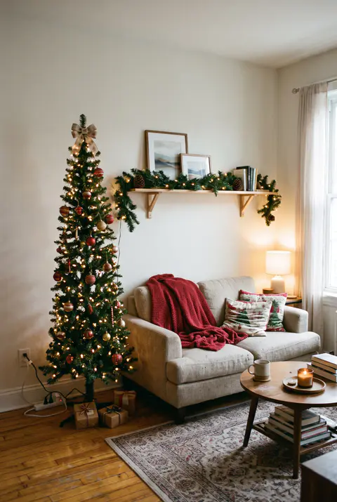 Small apartment living room with a slim pencil Christmas tree in the corner, a loveseat with a red throw and a garland on a floating shelf
