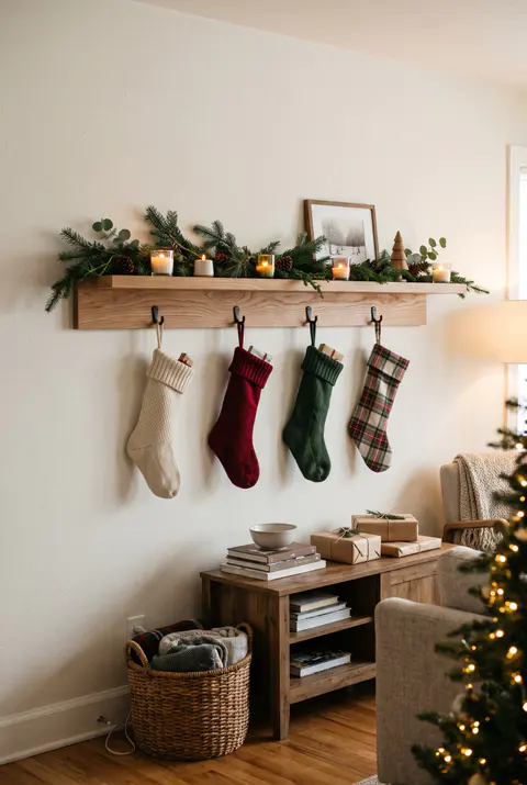Christmas stockings hanging from hooks under a floating wood shelf with a slim garland and candles in a living room without a fireplace