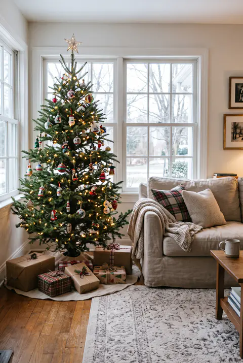Decorated Christmas tree with warm white lights in front of a large living room window next to a linen sofa, with presents underneath