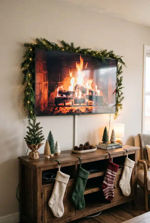 Living room TV wall with a slim lit garland framing the TV showing a fireplace scene and small trees on the media console