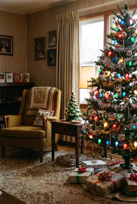 Vintage Christmas living room with a tree covered in multicolor big bulb lights and glass ornaments and a glowing ceramic tree