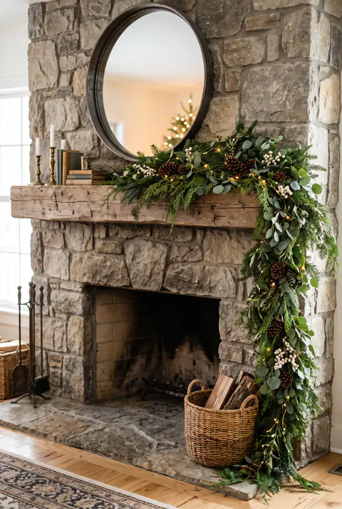 Stone fireplace mantel with an asymmetrical garland of mixed greenery, pinecones and white berries cascading down one side