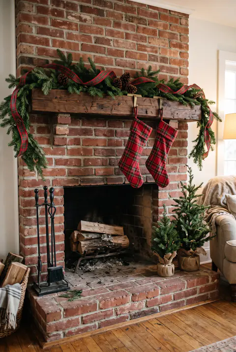Red brick fireplace with a plaid ribbon woven through a fir garland, two small potted Christmas trees on the hearth and plaid stockings