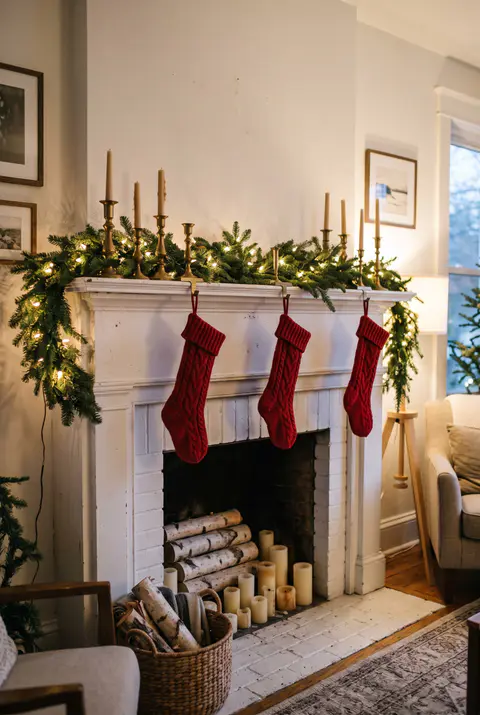 White fireplace mantel with a lit fir garland, three red knit stockings and brass candlesticks in a cozy living room at night