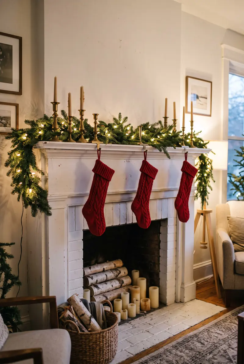 White fireplace mantel with a lit fir garland, three red knit stockings and brass candlesticks in a cozy living room at night