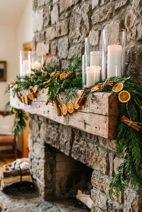 Rustic wooden beam mantel with a garland of dried orange slices, cinnamon sticks and greenery and white candles in hurricanes