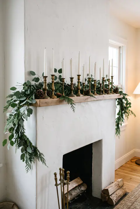 Minimalist white plaster fireplace with a loose eucalyptus and cedar garland and tall white taper candles in brass candlesticks