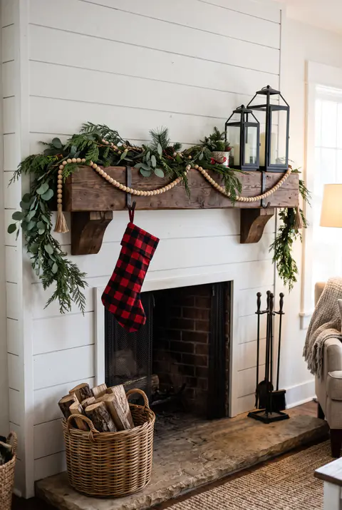 Farmhouse shiplap fireplace with a wood bead garland over greenery, two black lanterns with candles and a buffalo check stocking