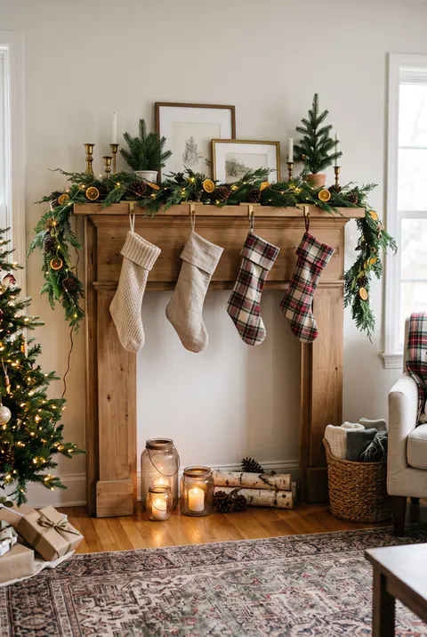 Freestanding wooden faux mantel against a living room wall, decorated with garland and stockings and lanterns inside the opening