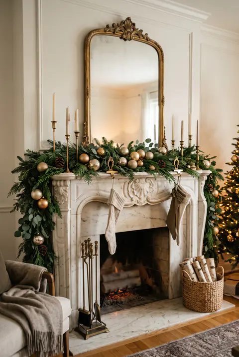 Glam living room mantel with a lush green garland, gold ornaments, tall gold candlesticks and a large gold-framed mirror
