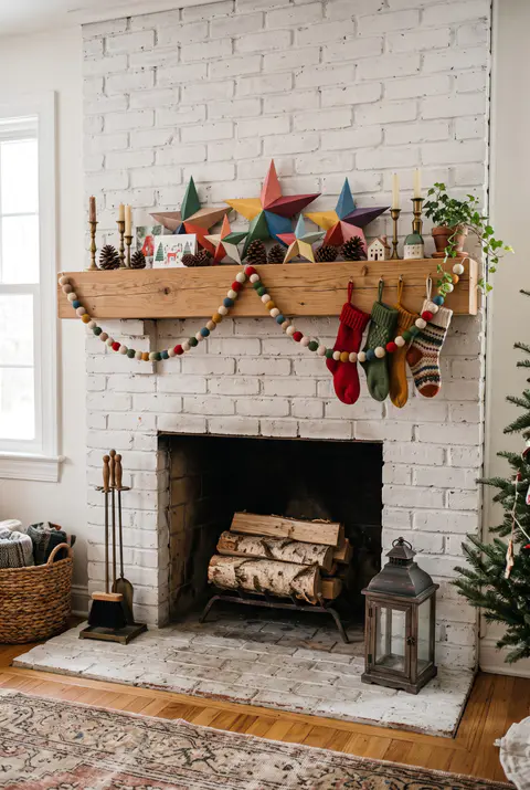 Family fireplace mantel with a colorful felt ball garland, handmade paper stars and small knit stockings in different colors