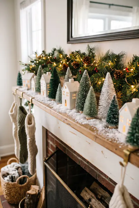 Fireplace mantel with a miniature village of small white ceramic houses and bottle brush trees on faux snow with a lit garland