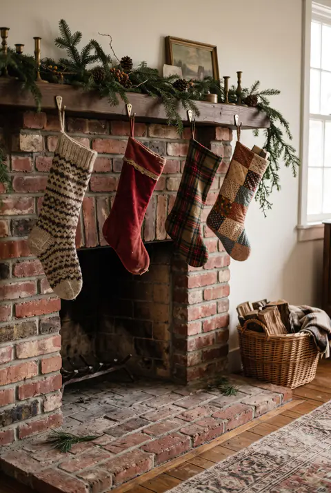Red brick fireplace with mismatched vintage stockings in knit, velvet, plaid and quilted fabrics hanging from brass hooks
