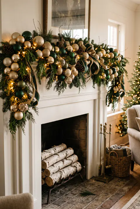 Mantel garland packed with clusters of gold, champagne and deep green ornaments with warm lights in an elegant living room