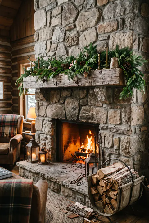Tall stone cabin fireplace with a fir and pinecone garland on the wood mantel, lanterns on the hearth and stacked firewood