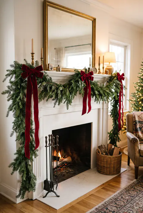 Classic white fireplace mantel with a lush fir garland tied with red velvet bows and long ribbon tails hanging down both sides