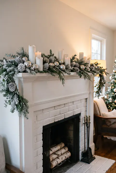 White fireplace with a frosted garland, white pinecones, silver ornaments and white pillar candles of different heights