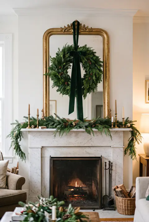 Round evergreen wreath with a green velvet ribbon hanging on a tall mirror above a white marble fireplace with a low garland