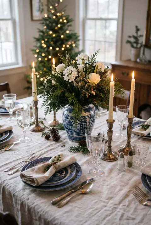 Christmas table with blue and white porcelain plates, a white tablecloth, white flowers in a ginger jar and silver candlesticks