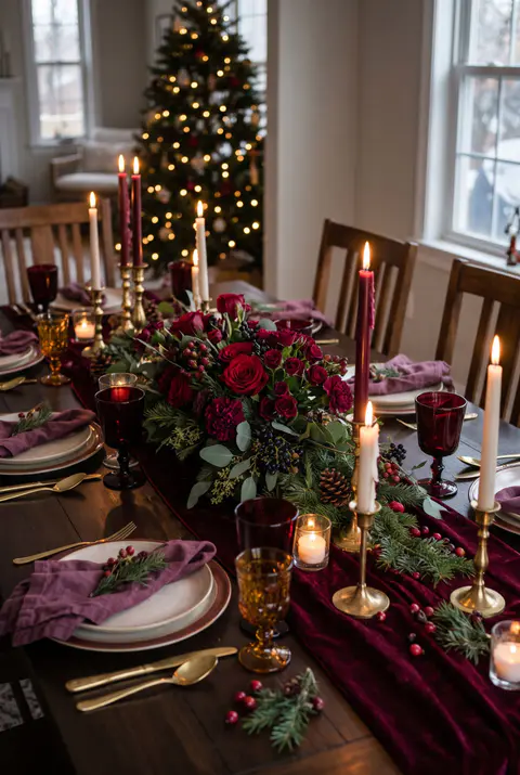 Christmas table in burgundy and wine tones with a velvet runner, deep red glassware, plum napkins, dark roses and gold candlesticks