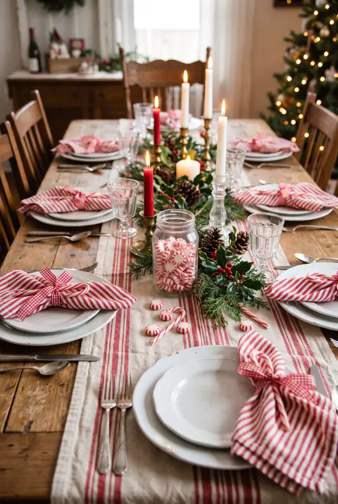 Playful Christmas table with red and white striped napkins and runner, candy cane accents, checkered details and a jar of peppermints