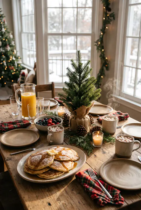 Christmas morning brunch table by a sunny window with pancakes, berries, orange juice, plaid napkins, a small potted tree and cocoa