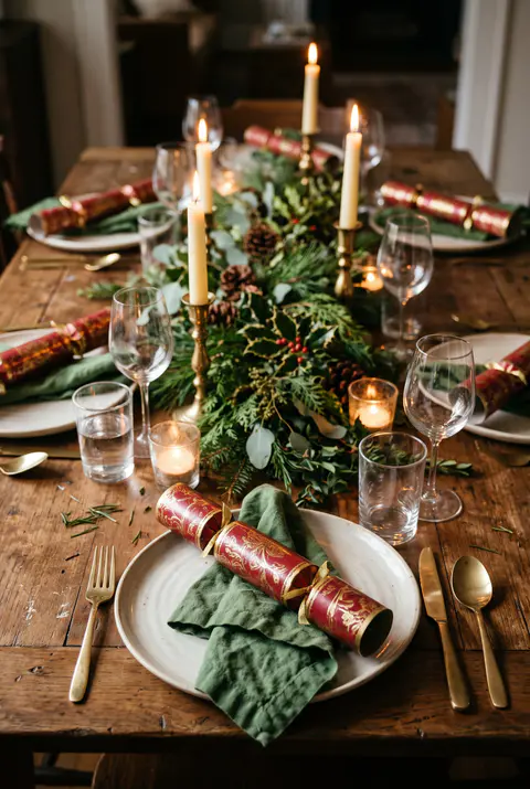 Christmas table with a red and gold Christmas cracker across each plate, gold flatware, green napkins and a candlelit centerpiece