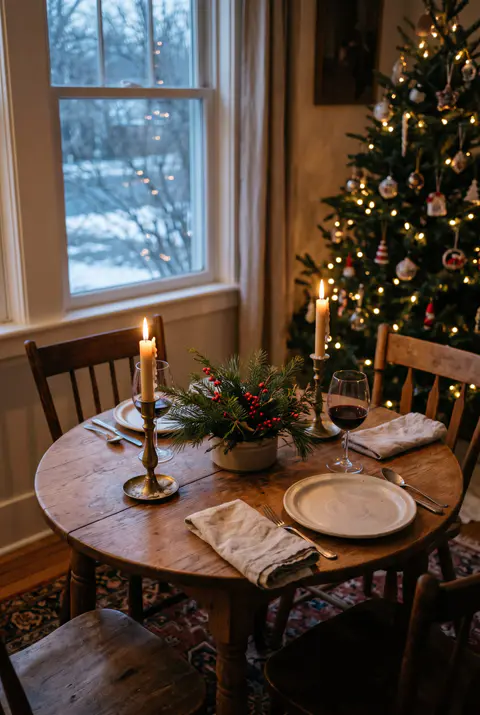 Small round table set for Christmas dinner for two with a low greenery and red berry centerpiece, two taper candles and wine glasses