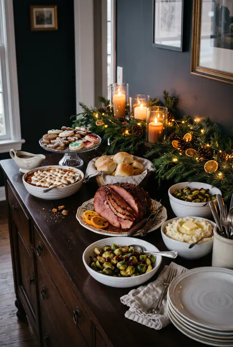 Christmas Eve buffet on a sideboard with a glazed ham, side dishes in white bowls, cookies on a cake stand and a lit garland