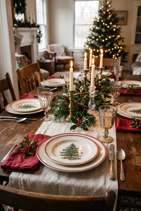 Traditional Christmas table set with holiday dinnerware printed with a green Christmas tree pattern and red trim, red napkins and holly