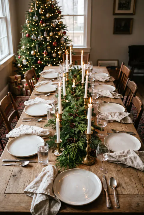 Long Christmas dinner table with a fresh evergreen runner, white taper candles in brass candlesticks and a lit Christmas tree behind