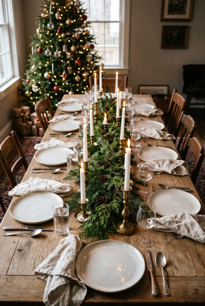 Long Christmas dinner table with a fresh evergreen runner, white taper candles in brass candlesticks and a lit Christmas tree behind