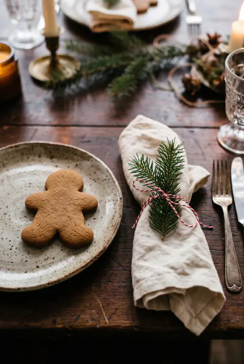 Christmas place setting with a gingerbread man cookie on the plate and a cream napkin tied with red and white baker's twine and pine