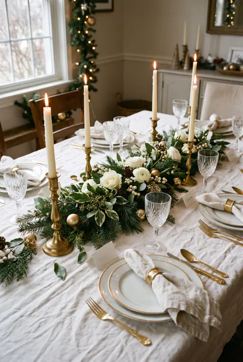 Elegant gold and white Christmas table with white linen, gold-rimmed china, gold flatware, crystal glasses and ivory tapers