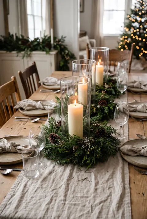 Christmas table with three tall glass hurricanes holding pillar candles, each ringed with greenery and pinecones on a linen runner
