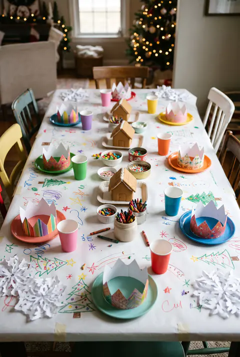 Kids' Christmas table covered in white craft paper with crayons, paper crowns at each seat, small gingerbread houses and paper snowflakes