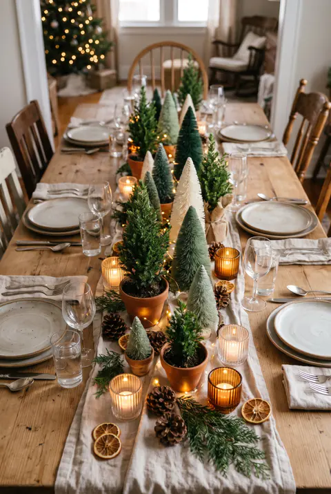 Row of small potted evergreens and bottle brush trees of different heights down a Christmas table with tiny lights and votives