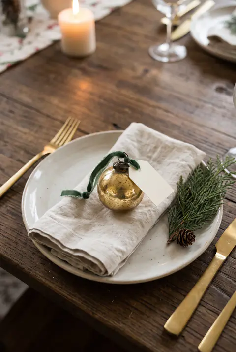 Christmas place setting with a gold glass ornament on the plate holding a small blank tag on a ribbon, a linen napkin and gold flatware