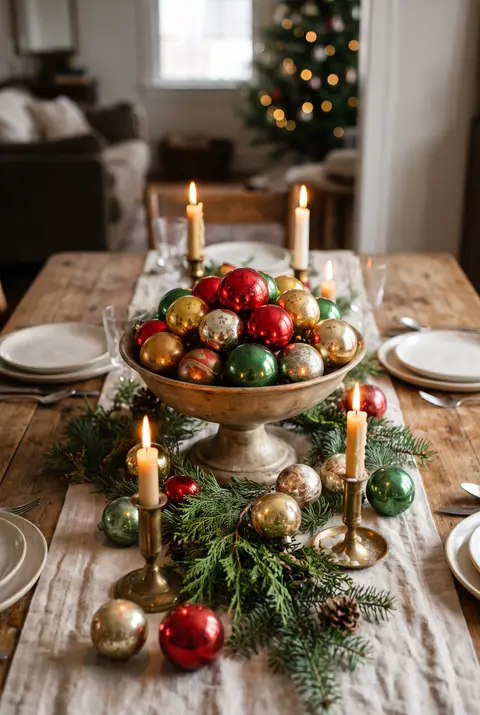 Christmas centerpiece of red, gold and green glass ornaments piled high in a wide footed bowl with loose ornaments and greenery