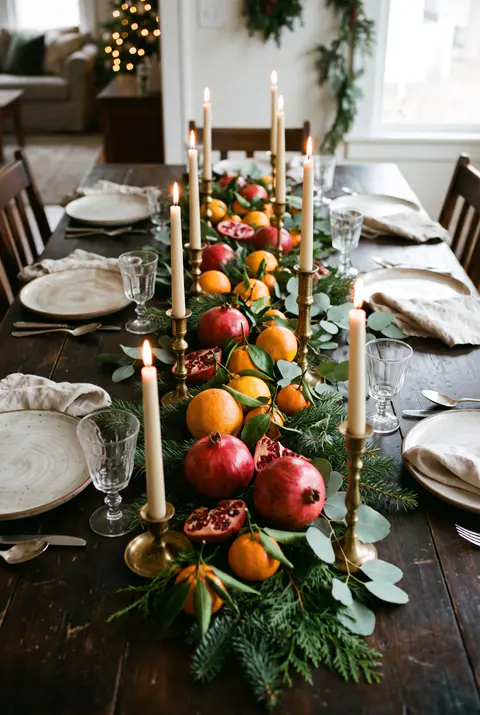 Christmas centerpiece of pomegranates, oranges and clementines with leaves, evergreen and eucalyptus on a dark wood table