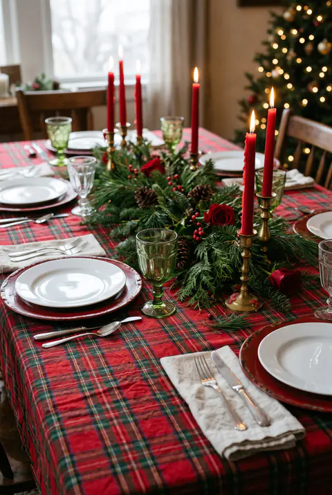 Christmas table with a red and green tartan tablecloth, white plates, green goblets, red roses with evergreen and red taper candles
