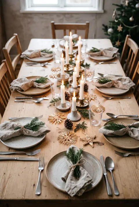 Scandinavian Christmas table with a bare wood top, linen napkins tied with pine and rosemary, stoneware plates and white candles