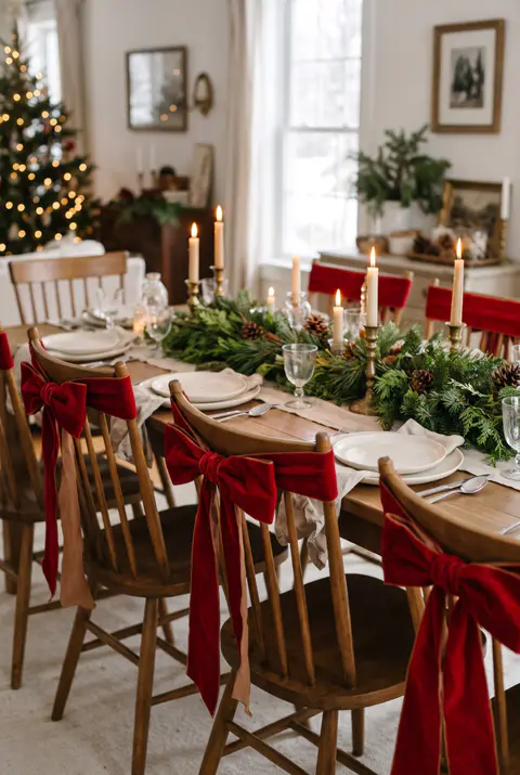 Dining chairs around a Christmas table with large red velvet bows tied to the backs and long tails