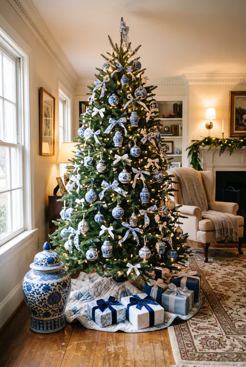 Christmas tree with blue and white porcelain-style ornaments, ginger jar ornaments, white bows and a blue and white ginger jar beside it