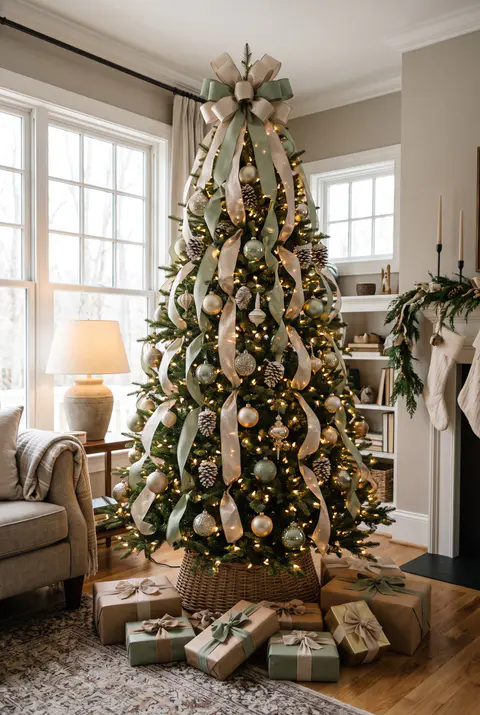 Christmas tree with wide champagne and sage green ribbon cascading from a big bow at the top, matching ornaments and warm white lights