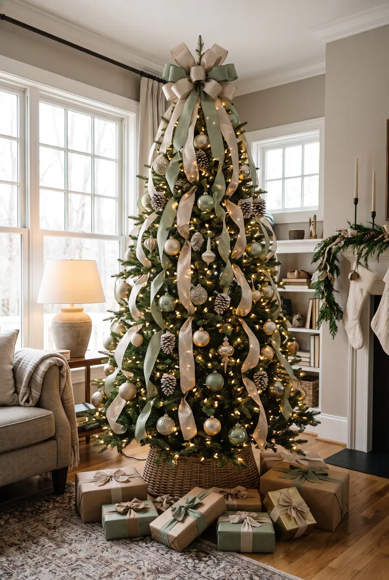 Christmas tree with wide champagne and sage green ribbon cascading from a big bow at the top, matching ornaments and warm white lights