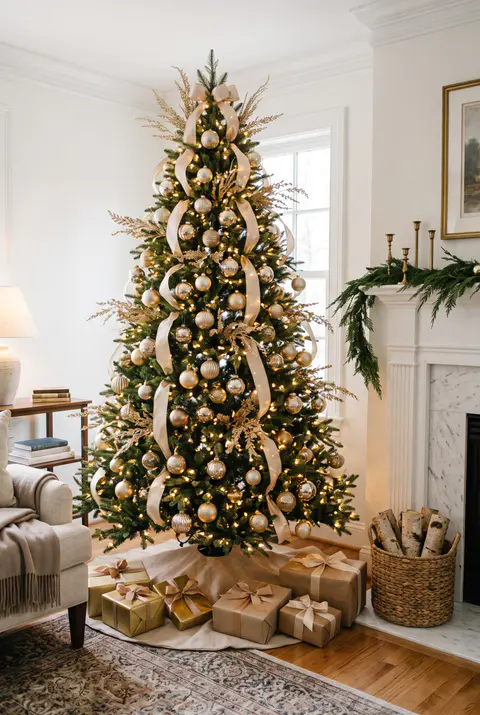 Elegant Christmas tree in champagne and gold with metallic ornaments, glittering gold picks and champagne ribbon near a marble fireplace