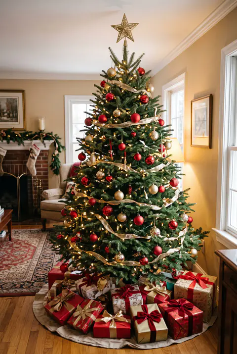 Full Christmas tree in a traditional living room with red and gold glass ornaments, gold ribbon, warm white lights and a gold star